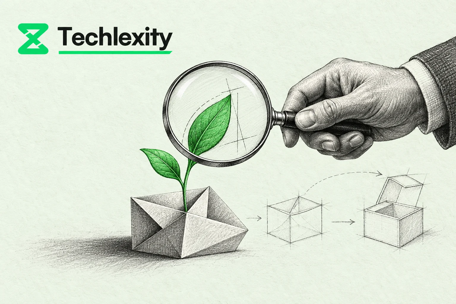 Techlexity editorial illustration of a hand examining a small product idea before it grows into a larger application.