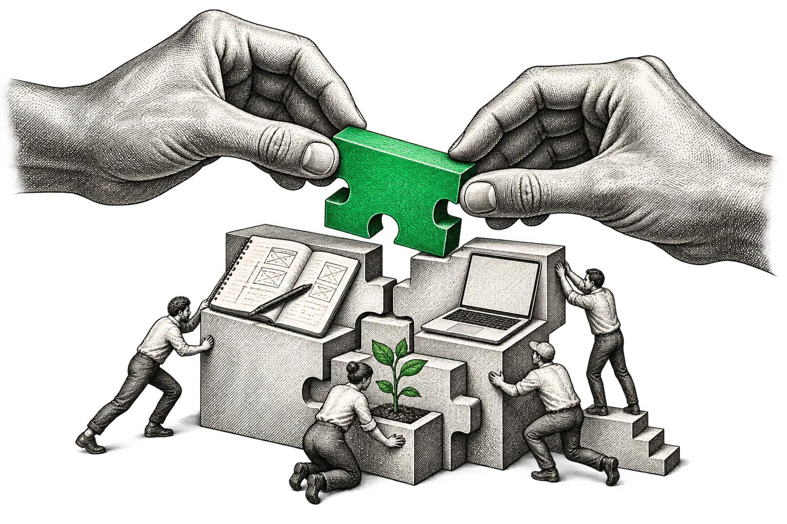 Hands building a product together, illustrated in engraved ink