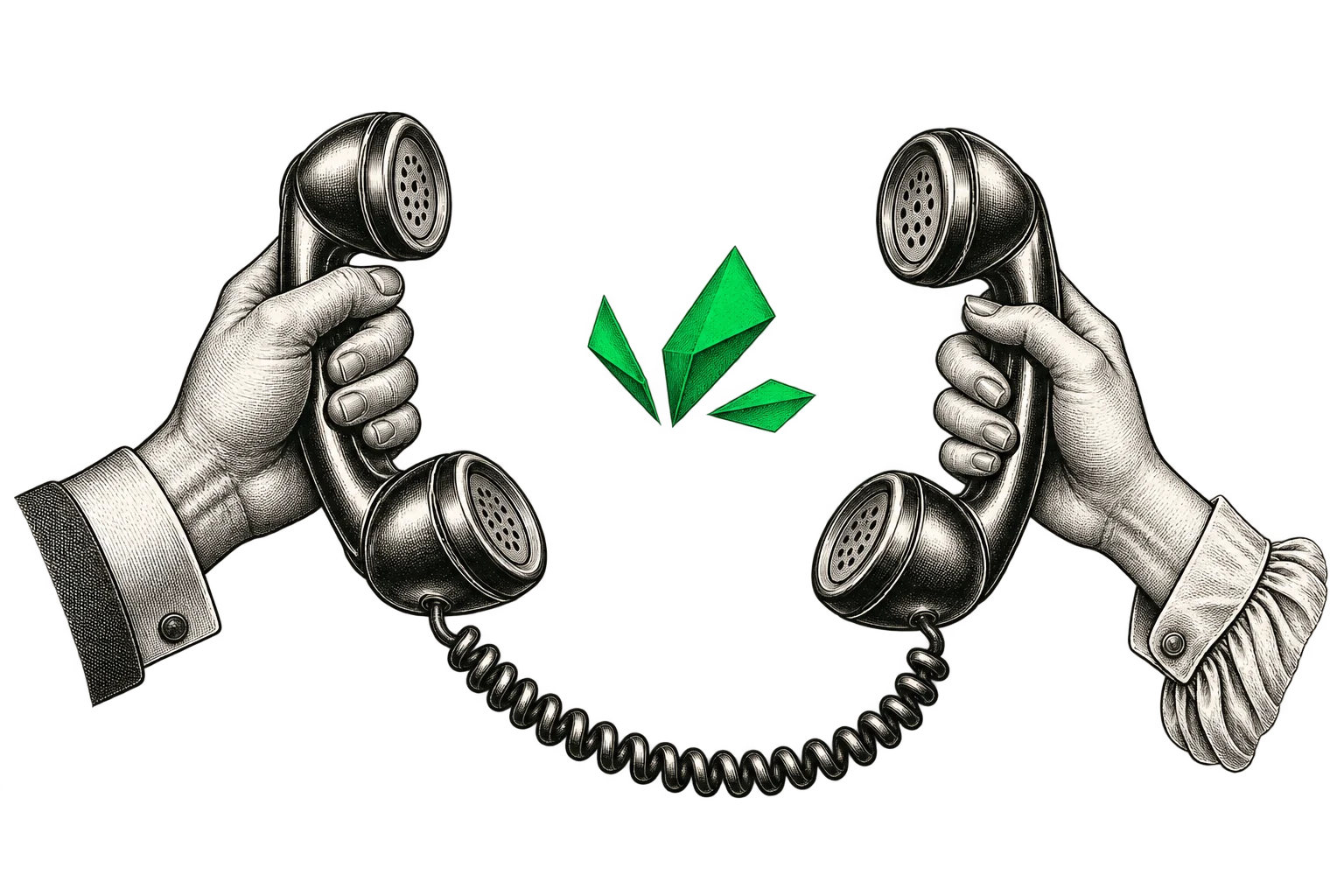 Two engraved hands connected by a telephone conversation