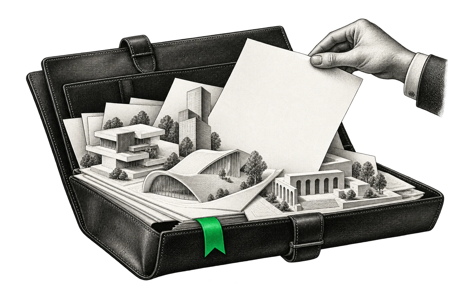 An engraved hand opening a portfolio of completed projects