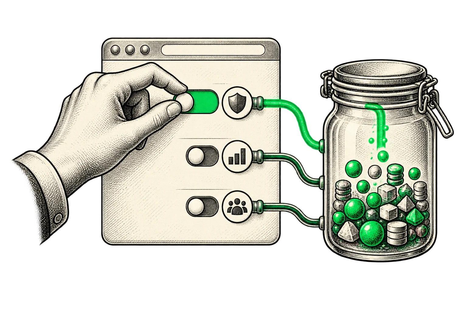 Editorial illustration of browser cookies, connecting a website with small pieces of stored information.