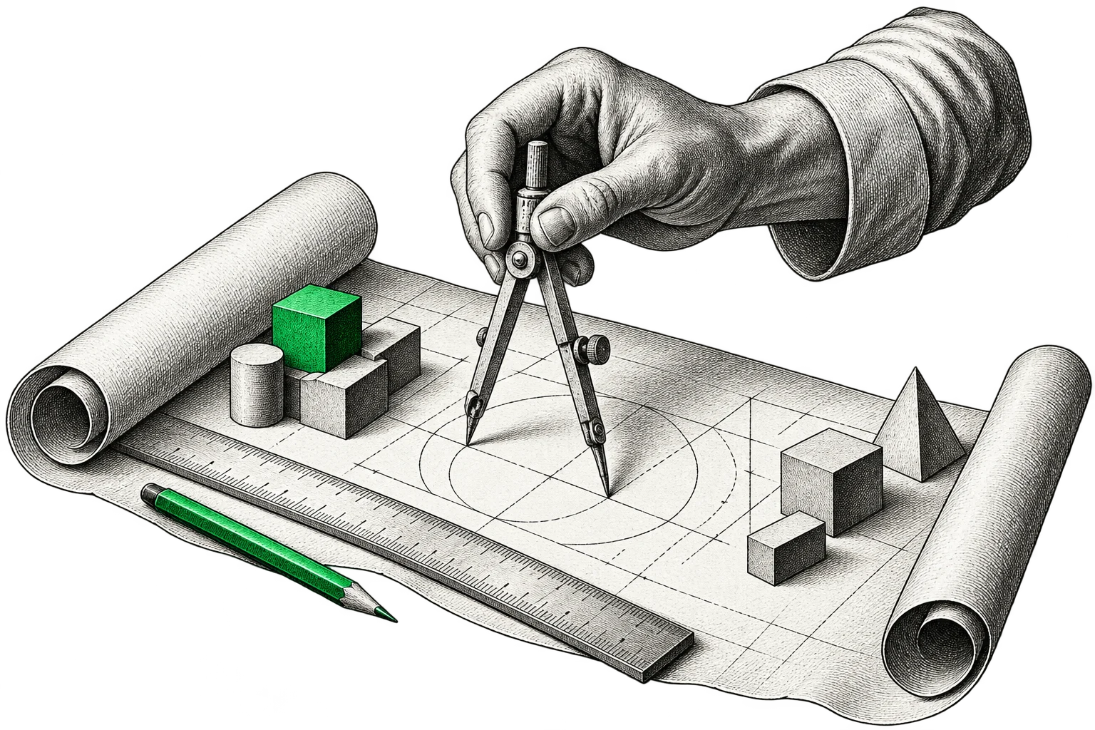 An engraved hand carefully drafting a project blueprint