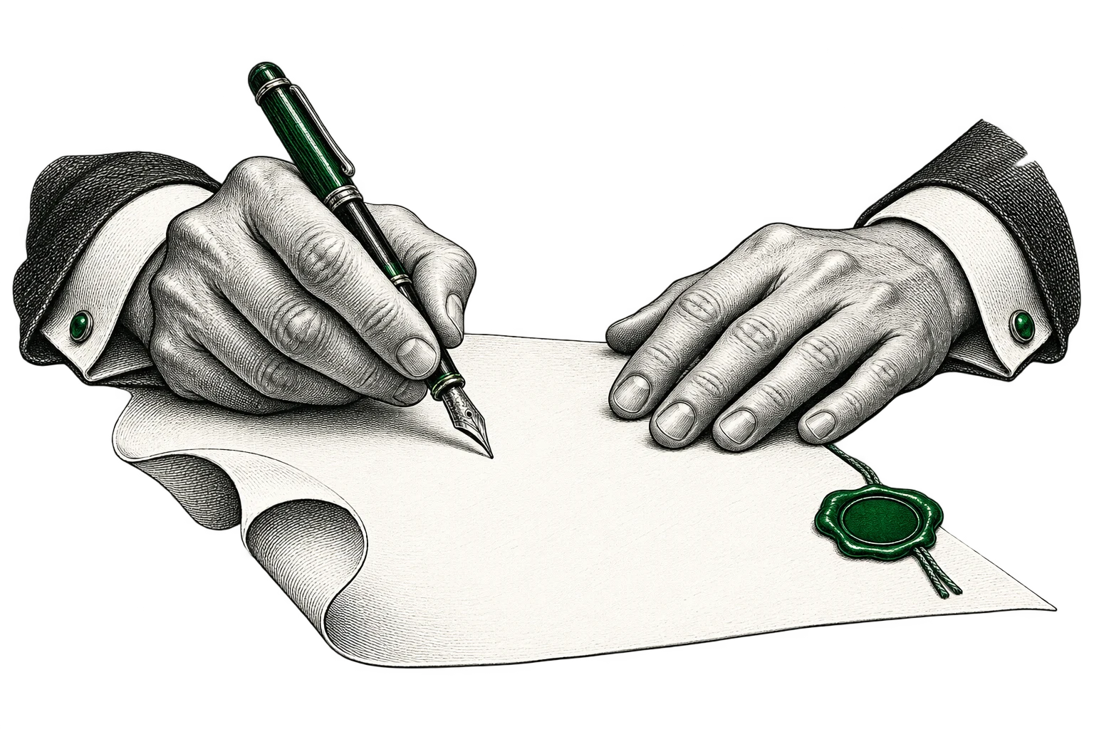 An engraved hand writing a personal letter