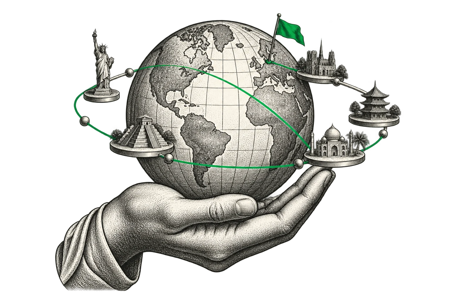 An engraved hand holding a globe with product destinations