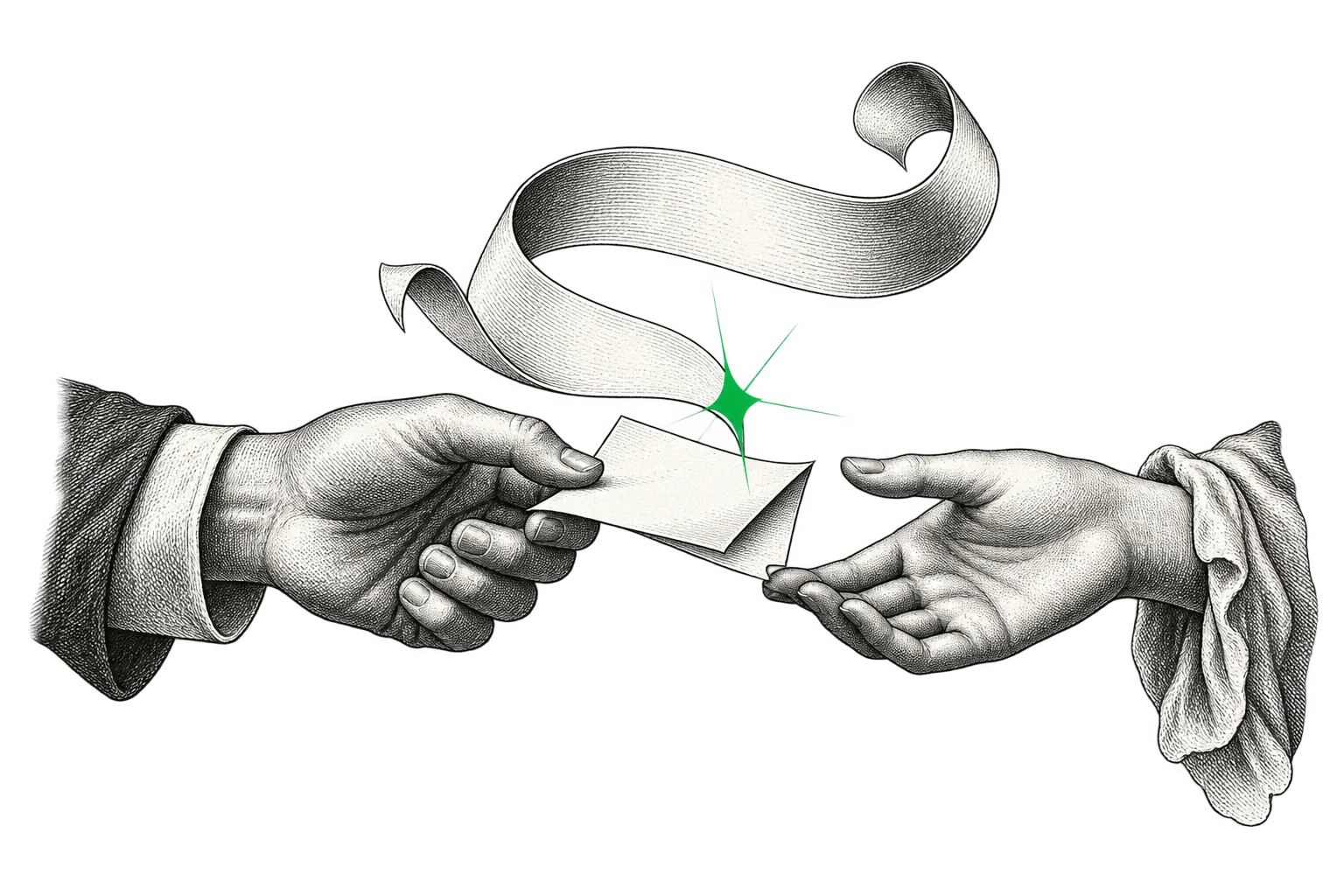 Hands sharing thoughtful feedback, illustrated in engraved ink