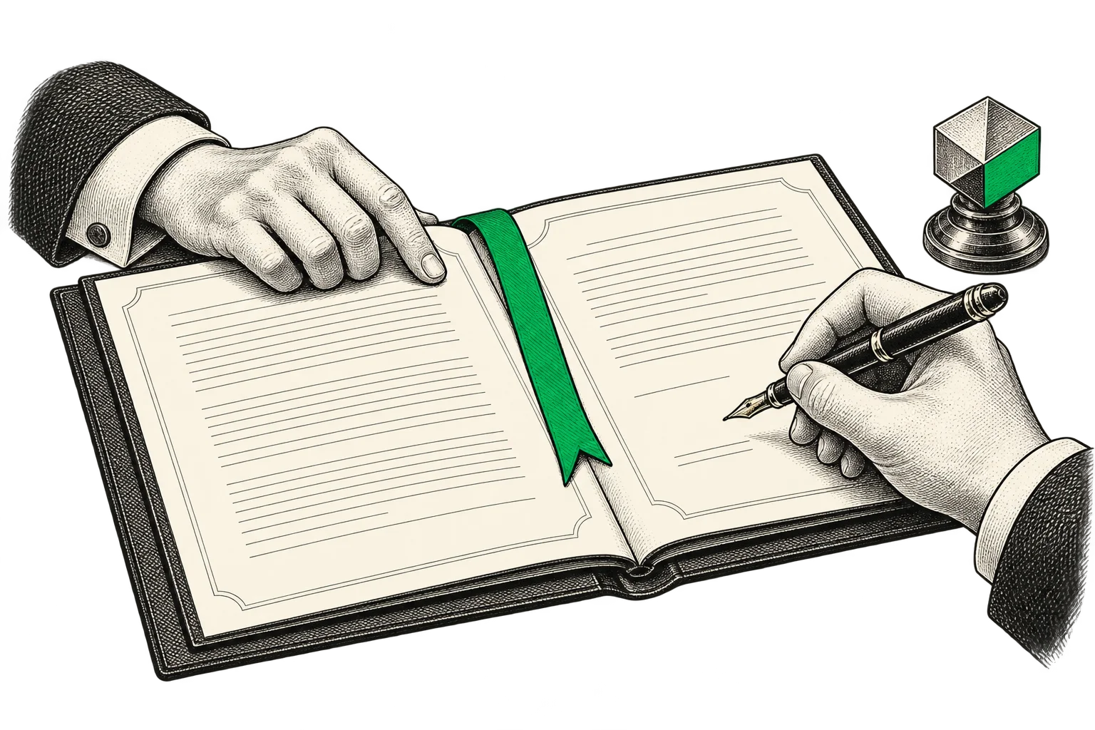 Editorial illustration of an agreement, bringing shared expectations and written terms together.