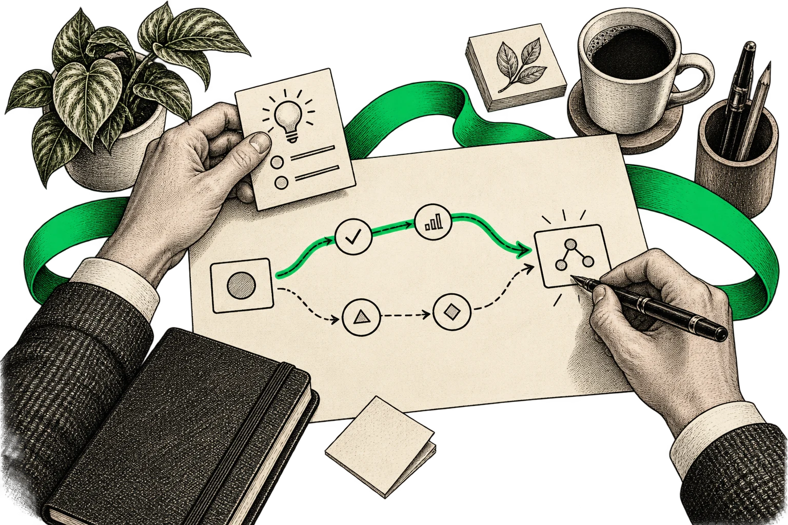 Editorial illustration of AI strategy, connecting business priorities with a practical product roadmap.