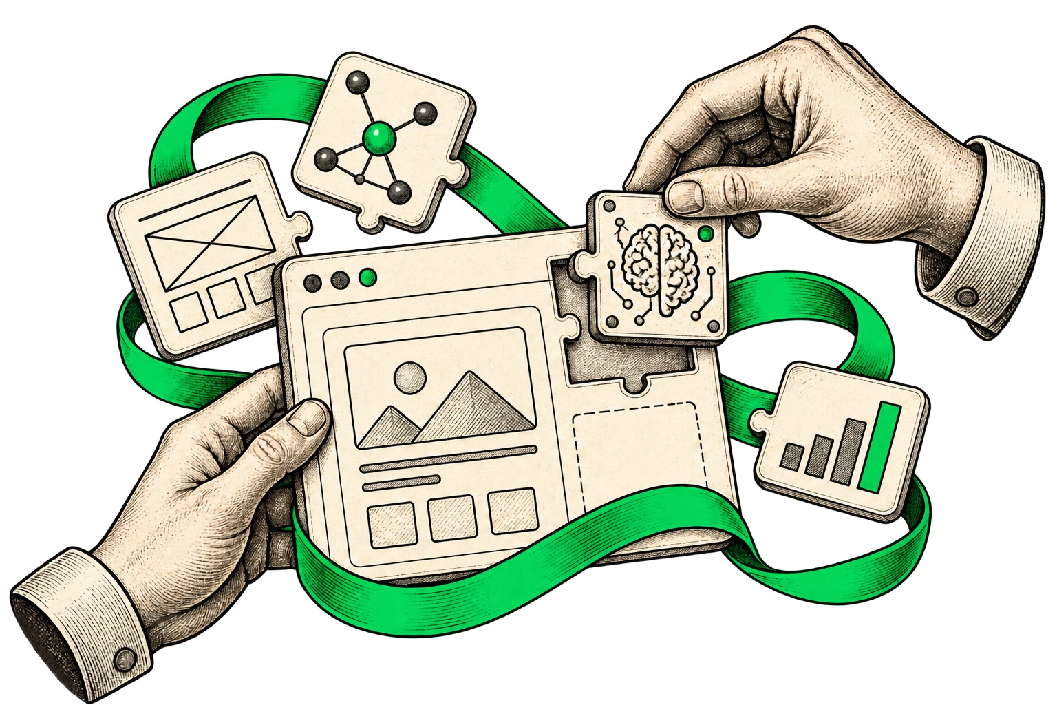 Editorial illustration of an AI product taking shape, from the first idea to a working MVP.