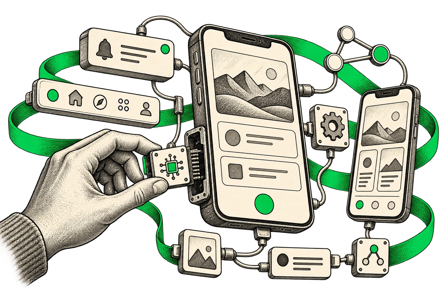 Editorial illustration of Android app development, shaping an experience for different devices.
