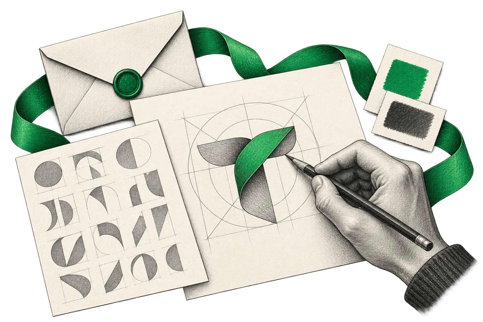 Editorial illustration of a brand identity coming together through color, form and typography.