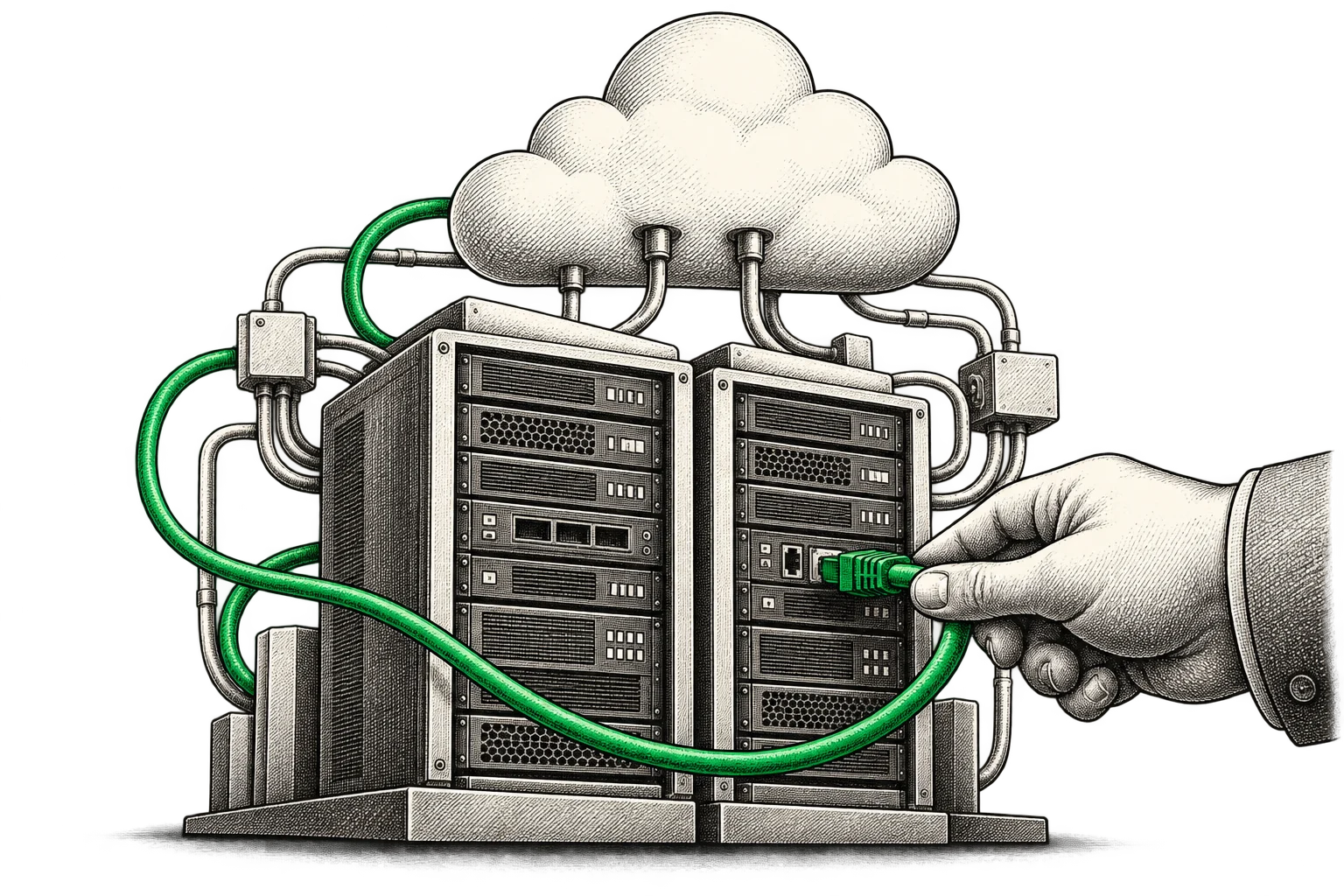 Editorial illustration of cloud infrastructure, connecting reliable systems behind a digital product.
