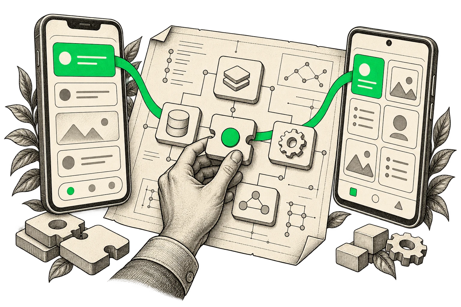 Editorial illustration of cross-platform mobile development, connecting one product across two platforms.