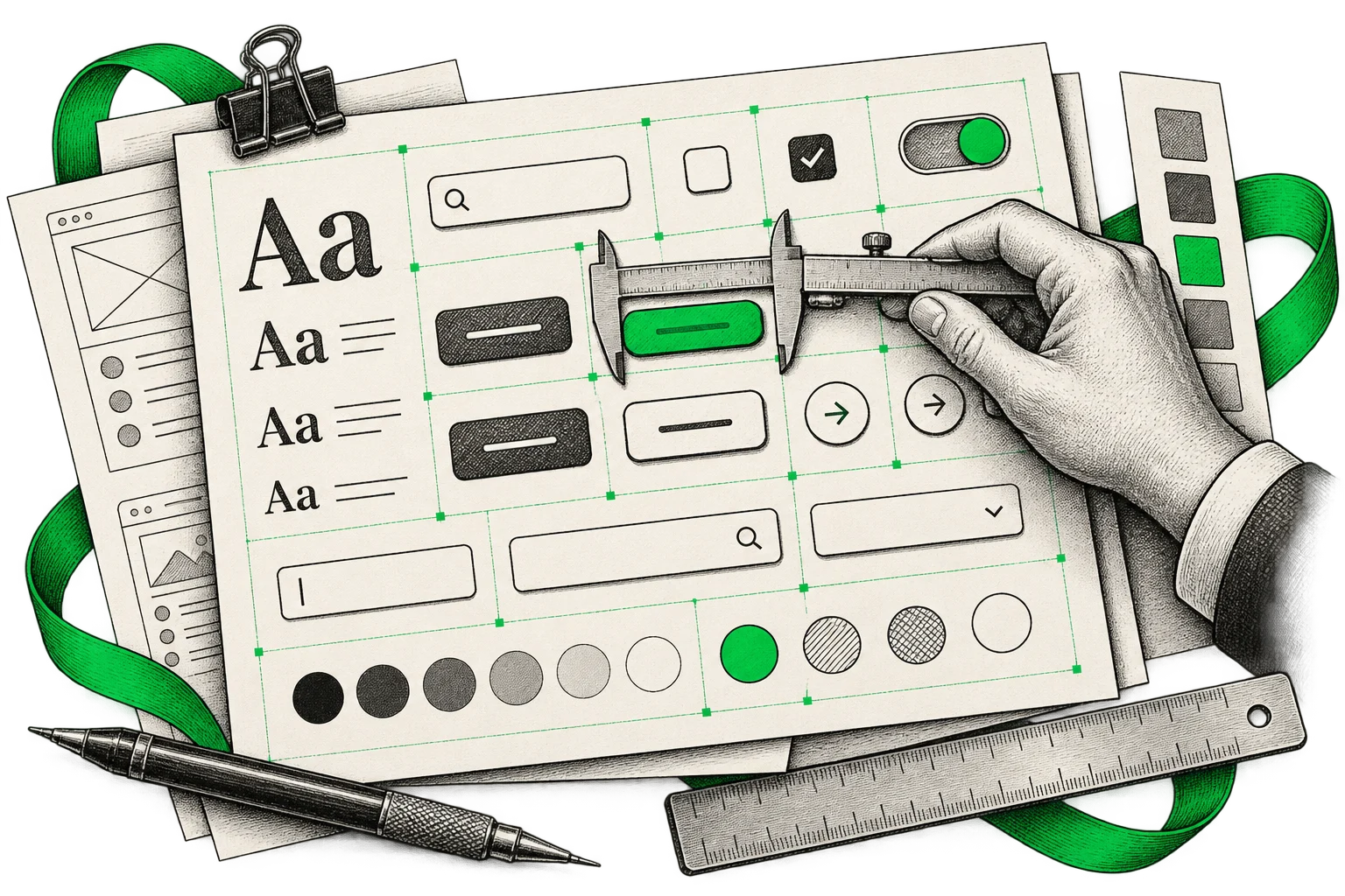 Editorial illustration of a design system, bringing reusable components into a coherent visual language.