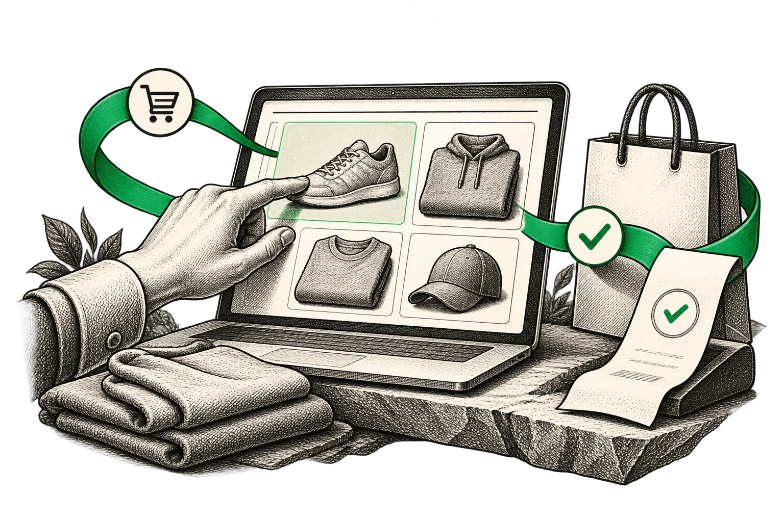 Editorial illustration of ecommerce development, connecting a storefront with the shopping journey.