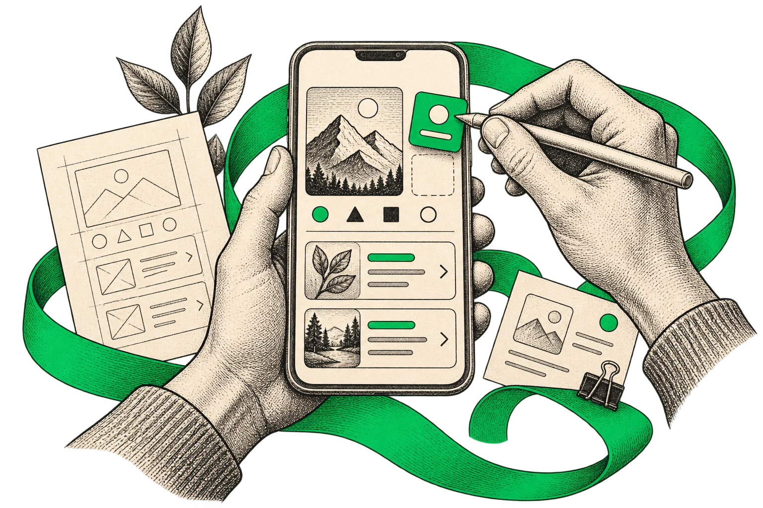 Editorial illustration of iOS app development, shaping a considered mobile experience.