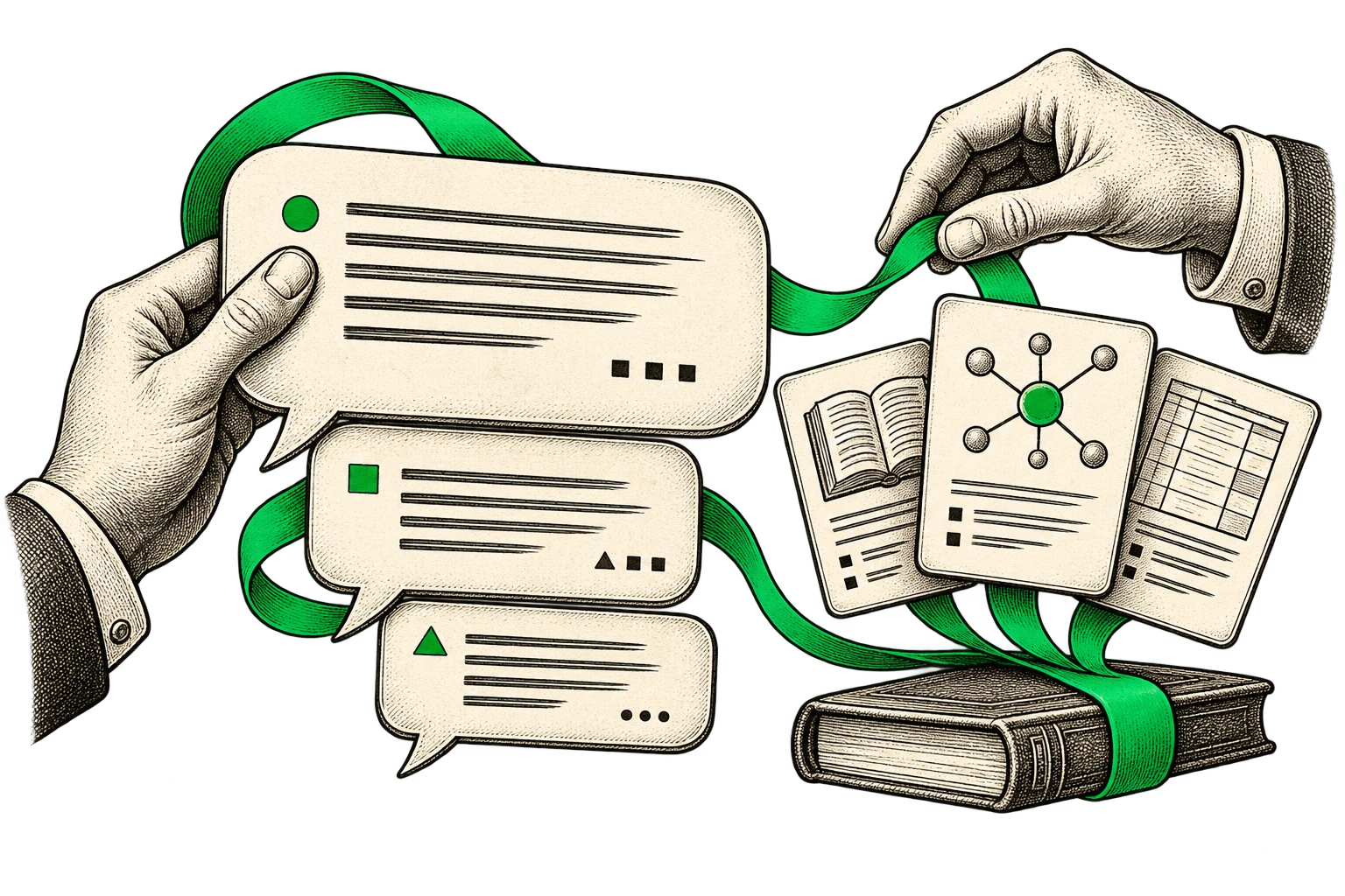 Editorial illustration of conversational AI, connecting questions, knowledge and useful actions.