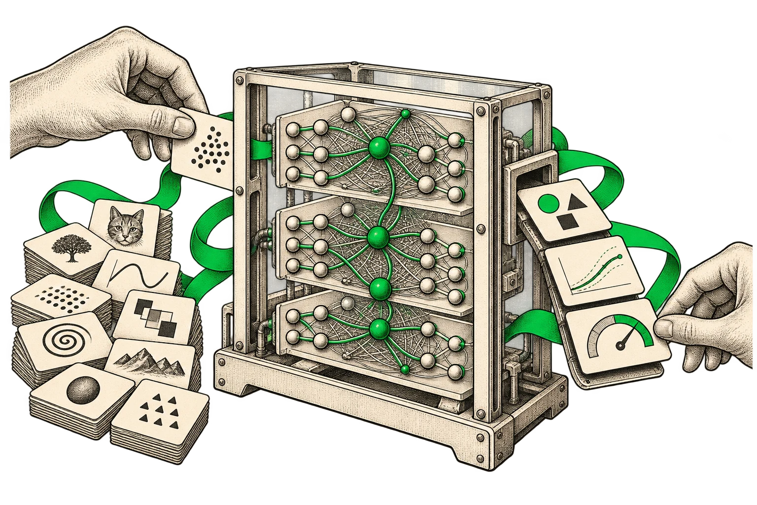 Editorial illustration of machine learning, turning data into intelligent product experiences.