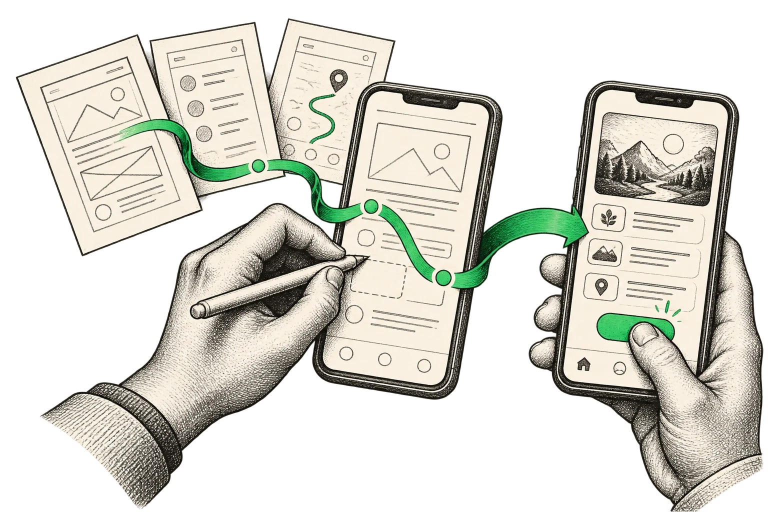 Editorial illustration of mobile app design, connecting interface details with intuitive interactions.