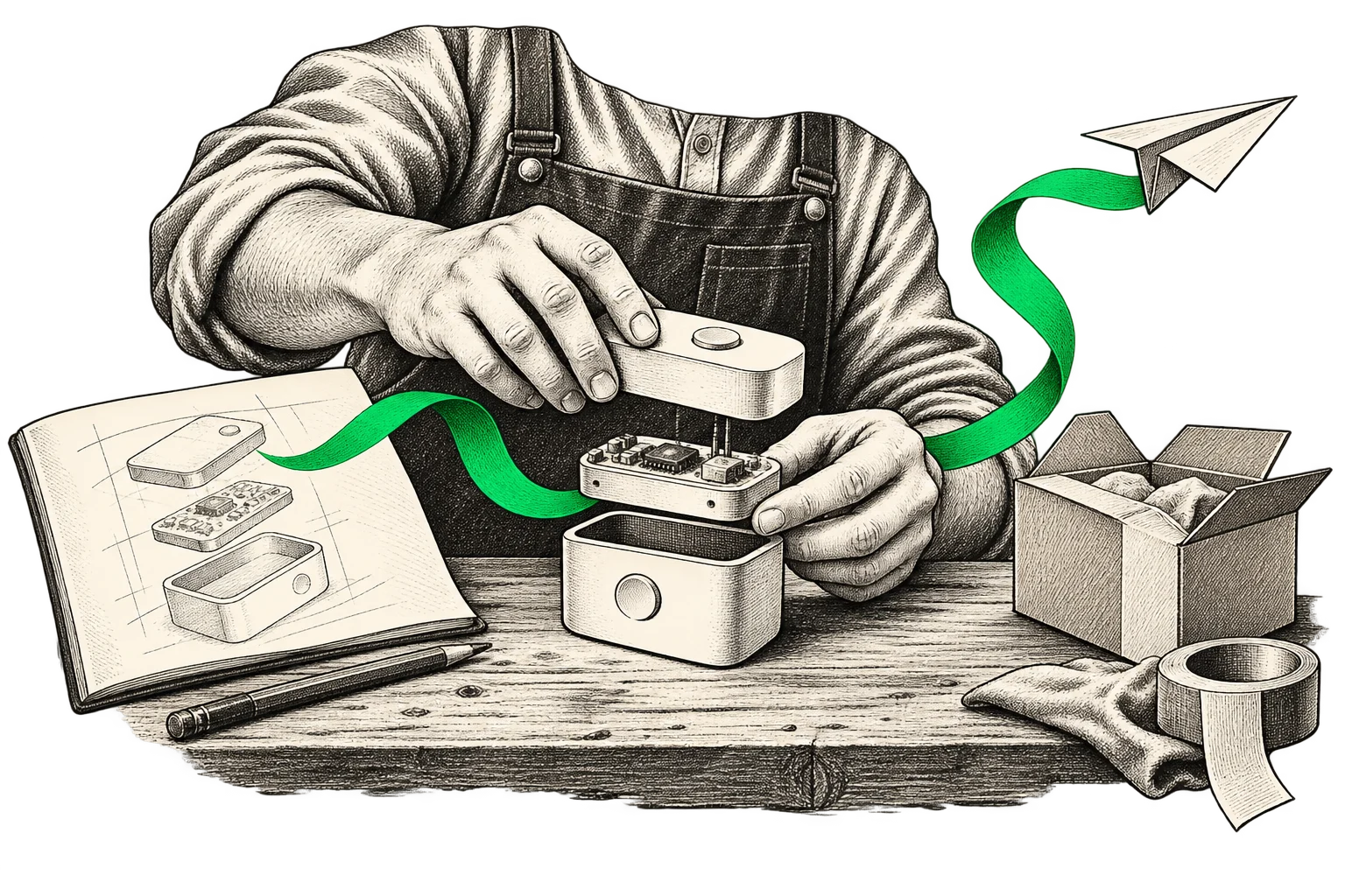 Editorial illustration of web MVP development, turning a product idea into a first release.