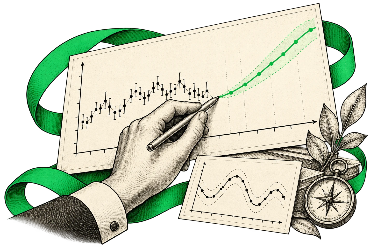 Editorial illustration of predictive analytics, revealing patterns and future possibilities in data.