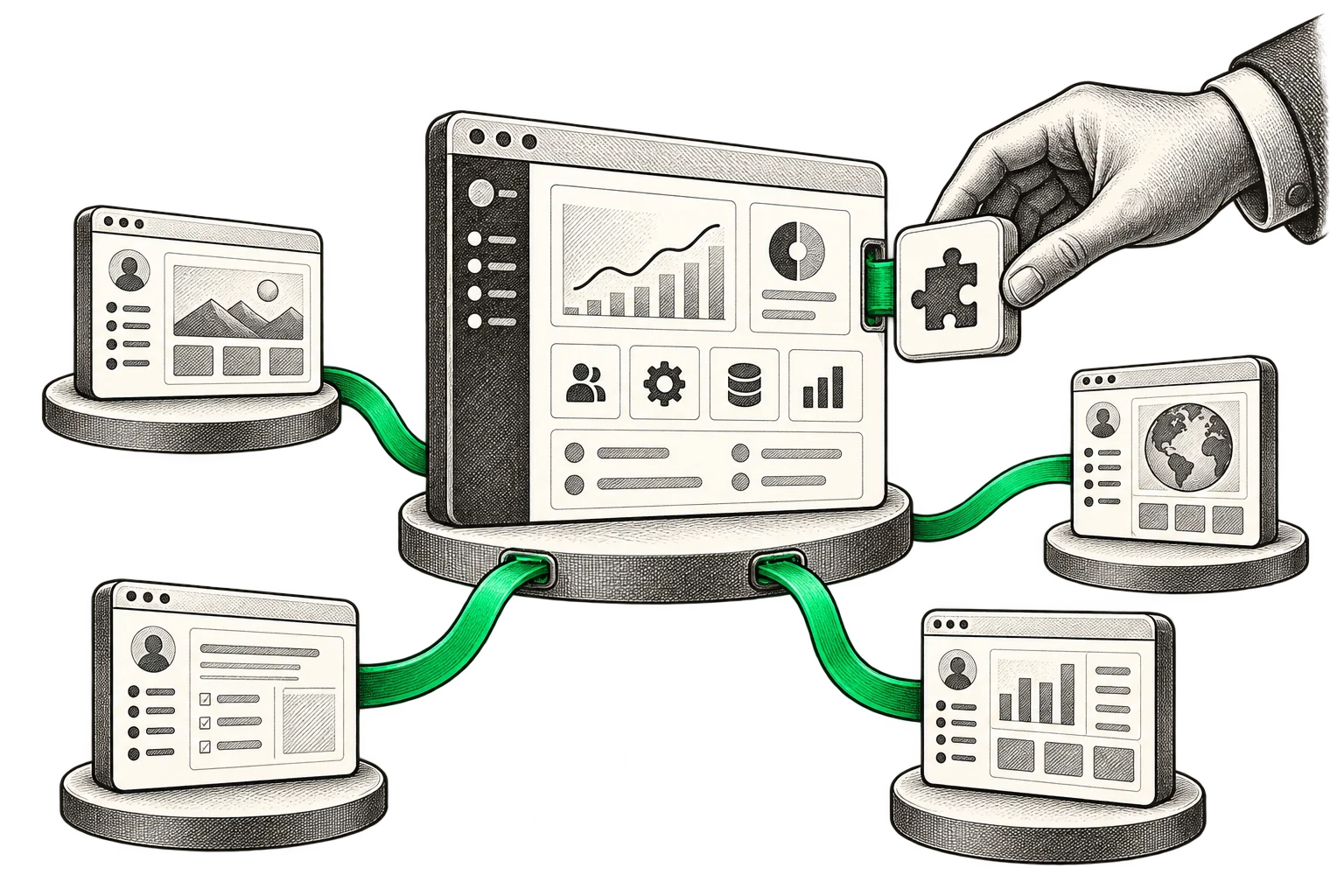 Editorial illustration of SaaS development, bringing a scalable digital platform to life.