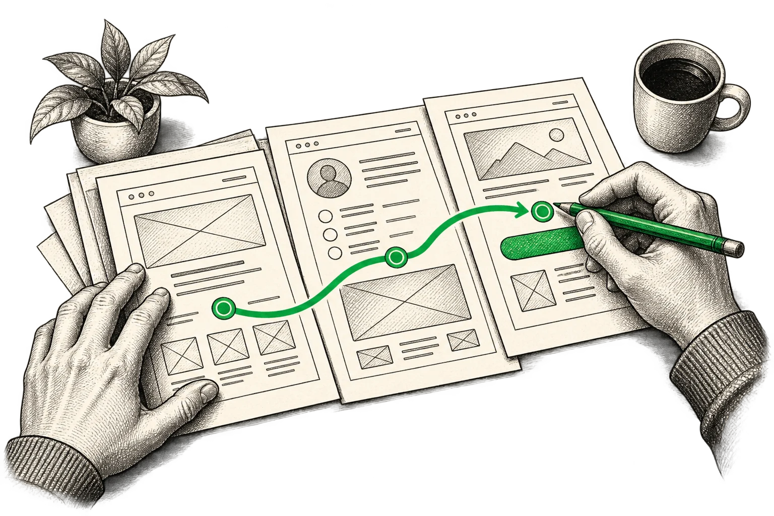 Editorial illustration of UX and UI design, shaping an interface around the people who use it.