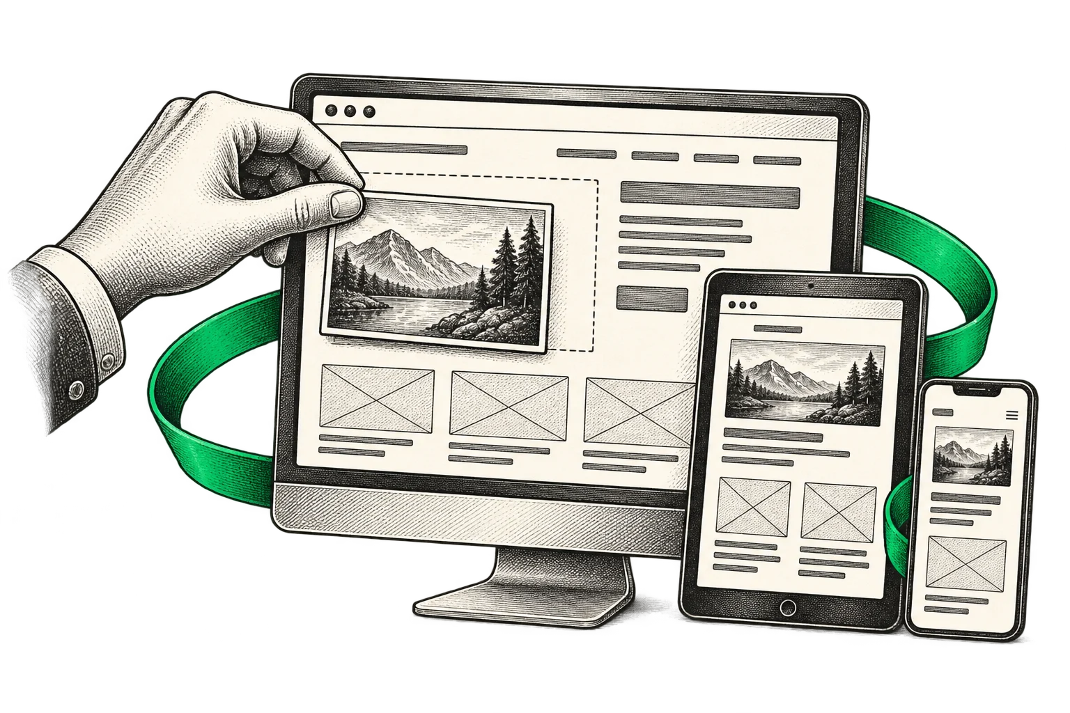 Editorial illustration of web design, bringing a website together through thoughtful layout and content.